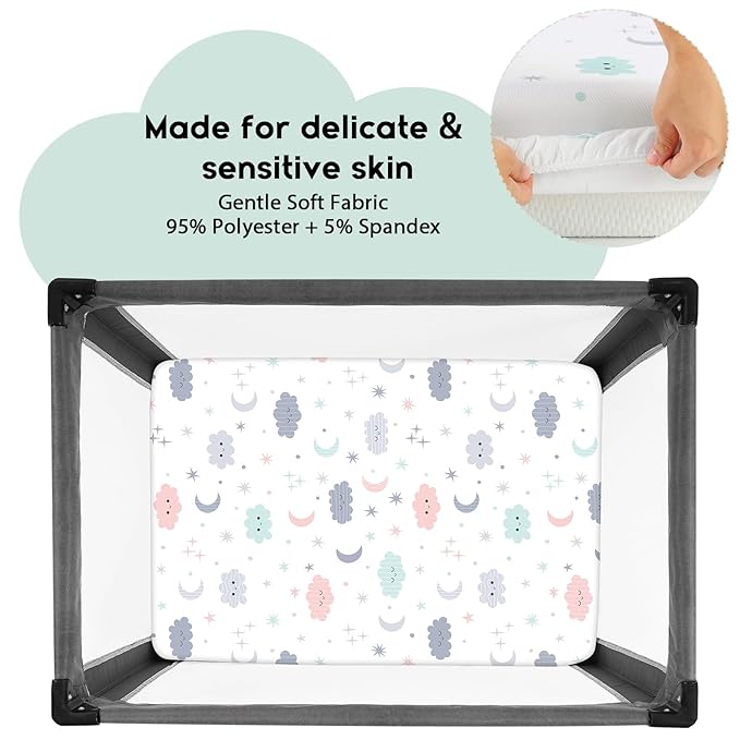 Yoofoss Pack and Play Sheets Fitted, Mini Crib Sheets 2-Pack for Pack N Play Mattress, Stretchy Playard Sheet, Soft and Breathable (Cloud)