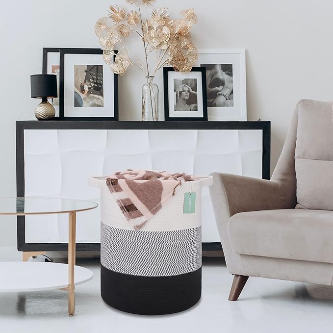 ﻿BOSROTY Large Laundry Hamper for Girls Boys Kids 72L, Nursery Hamper, Tall Laundry Basket, Cotton Rope Woven Blanket Basket for Storage Toys Clothes Towels, 16”x 22”, White & Gray & Black