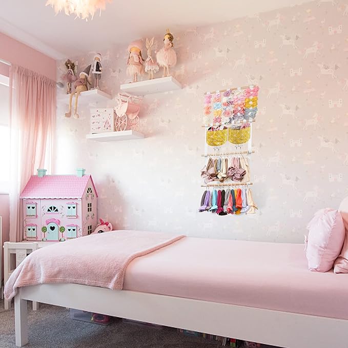 kangaroo Hairband Organizer for Baby Girls, Large Capacity Bow Holder Hair Accessories Wall Hanging Organizer with 20 S-hooks and 2 Pockets, Yellow