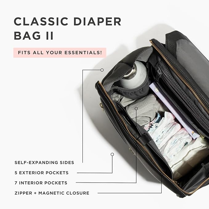 Freshly Picked Classic II Diaper Bag Backpack, Wipeable Vegan Leather With Changing Pad, Convertible (Ebony V2)