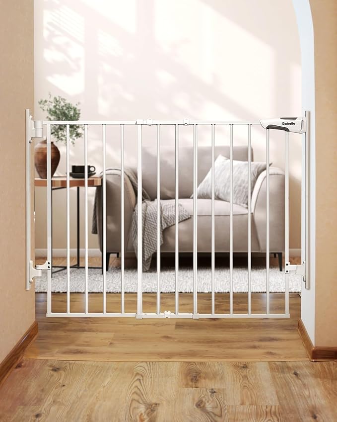 Babelio 27-45" No Bottom Bar Baby Gate with Easy Installation, 2-in-1 Auto Close Design, Suitable for The House, Stairs, and Doorways, Safety Pet Gates with Large Walk-Thru Door, White