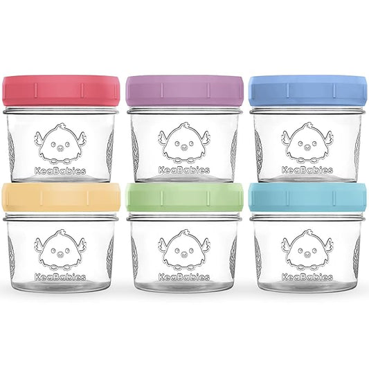 KeaBabies 6pk 4oz Glass Baby Food Containers with Lids - Leak-Proof, Microwavable Small Glass Jars, Baby Purees & Toddler Snack Storage Containers, BPA-Free, Dishwasher & Freezer Safe (Nord)