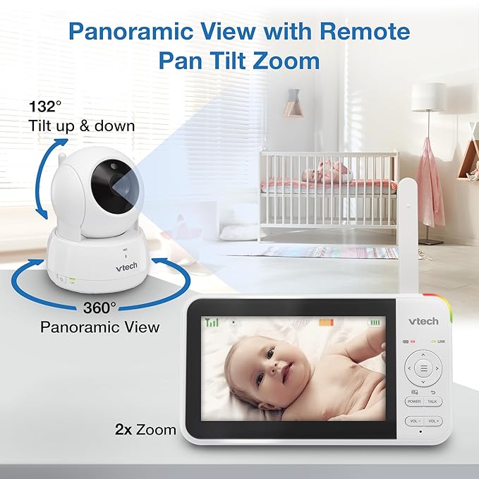 VTech Video Baby Monitor with 3 Cameras, 5" LCD Screen, Up to 17Hrs Video & 31Hrs Audio Battery Life, Night Vision, 1000ft Range, Pan-Tilt-Zoom, Lullabies, Soothing Sounds, Temperature Sensor, VM924-3
