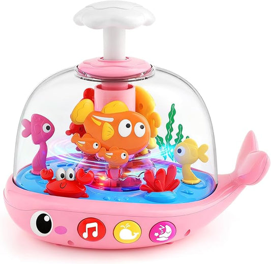 Baby Girl Toys 6-12 Months - Press & Spin Aquarium Light Up Musical Toy for Infant Toy 9-12-18 Months - Bilingual Learning Toddler Toys for 1 2 3 Year Old Boy Girl (Pink)