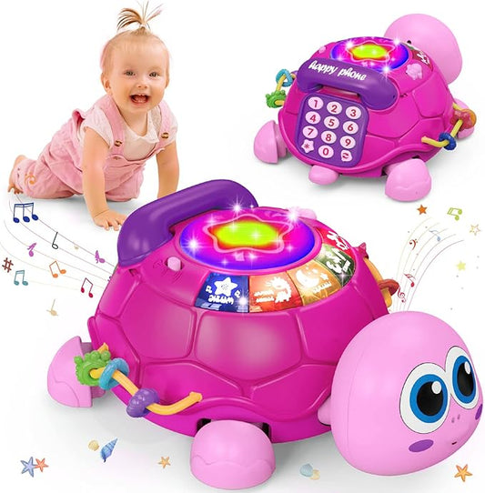 Hanayo Baby Musical Turtle Crawling Girl Toys for 6-18 Months，Infant Early Learning Educational Toy，Baby Girl Gift Essentials for Newborn 7 8 9 11+ Months 1-2 Year Old(Pink)