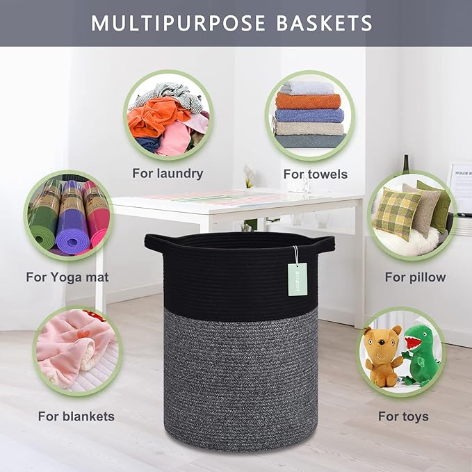 ﻿BOSROTY Large Laundry Hamper for Girls Boys Kids 72L, Nursery Hamper, Tall Laundry Basket, Cotton Rope Woven Blanket Basket for Storage Toys Clothes Towels, 16”x 22”, Black & Gray