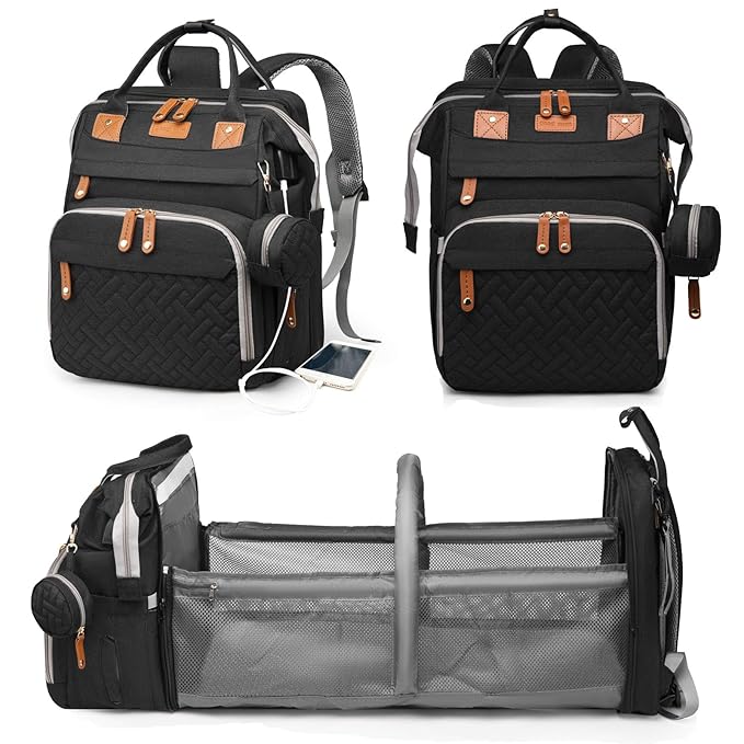 Baby Diaper Bags with Changing Station, Waterproof Diaper Bag Backpack for Moms Dads with USB Charging Port, Baby Shower Gifts, Large Capacity diaper backpack, Black
