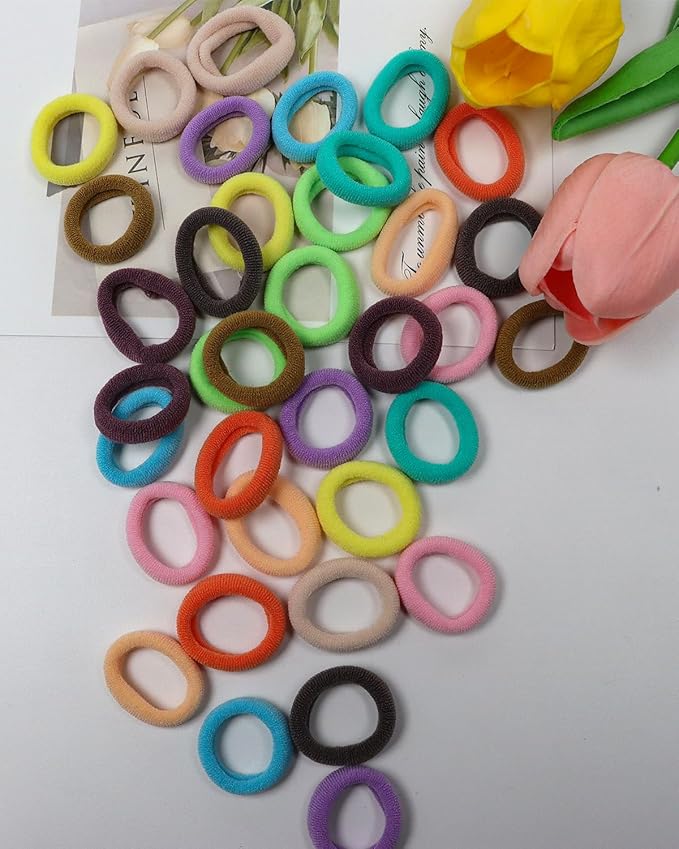 WillingTee 120 Pcs Baby Hair Ties, Cotton Toddler Hair Ties for Girls and Kids, Multicolor Small Seamless Hair Bands Elastic Ponytail Holders,Spring Color