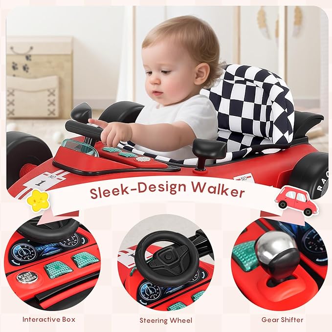 Baby Walker with Wheels, 4-in-1 Baby Walker for Boys Girls Foldable Activity Walker with Adjustable Height Toddler Infant Walker with Music and Lights Walker for Baby 6-24 Months, Red