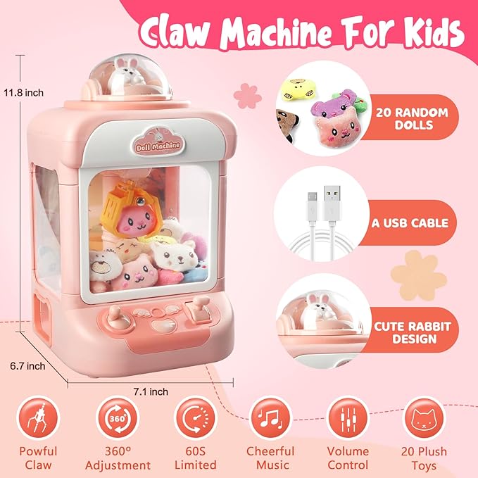 Claw Machine for Kids,Mini Vending Machines Candy Grabber Prize Dispenser Toys for Girls,Electronic Arcade Claw Game Machine for Party Birthday with Lights Sound (Rabbit Claw)