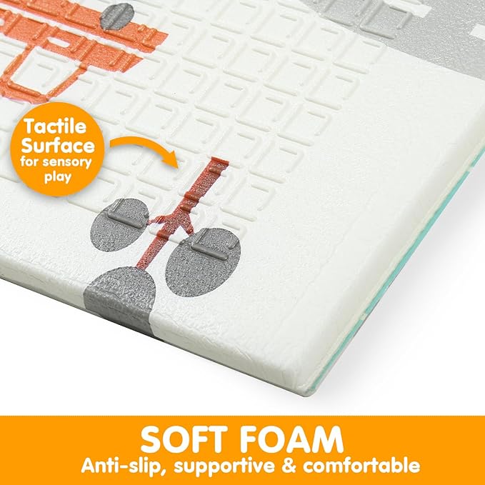 Bammax Extra Large Waterproof Foam Padded Baby Play Mat | Reversible & Foldable | 1 cm Thick Safe Baby Foam Play Mat | 70" x 78" | Cars & Fire Engine