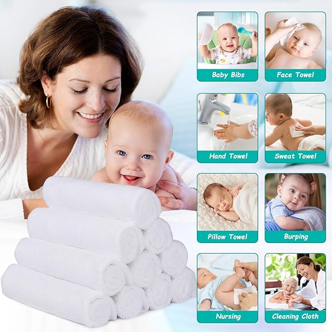 HOMEXCEL Baby Washcloths 12 Pack-Microfiber Coral Fleece Baby Bath Face Towel 7 x 9 Inch Extra Absorbent Soft Burp Cloth and Wash Cloths for Newborn-Infants and Toddlers,White