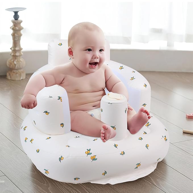 Inflatable Baby Seat for Babies 3 Months & Up, Infant Floor Seats for Sitting Up, Baby Seats for Infants, Blow Up Baby Chair with Built in Air Pump - Olive Flower