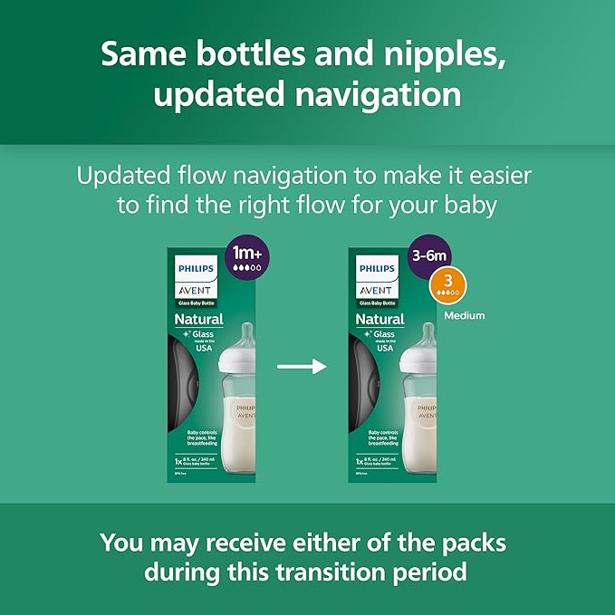 Philips Avent Natural Glass Baby Bottles with Natural Response Nipples (Medium Flow, Flow 3), 8oz, 2-Pack, SCY913/02