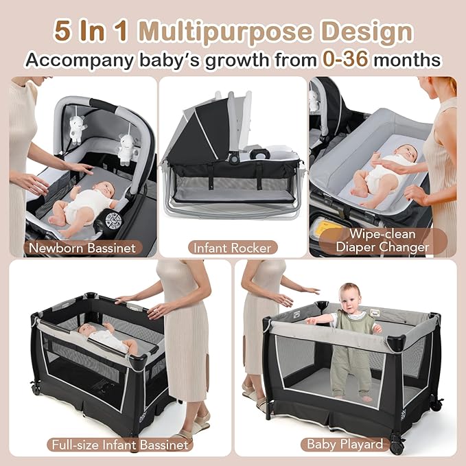 HONEY JOY Pack and Play, 5 in 1 Portable Infant Playpen with Bassinet & Changing Table, Storage Bag, Music Box, Toys, Carry Bag, Nursery Center, Baby Playard Pack n Play Crib for Boys Girls