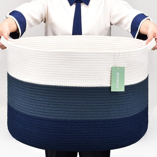 Extra Large Blanket Basket 87L, Laundry Hamper, Baby Nursery Hamper for Storage Toys Clothes Towels, Large Cotton Rope Laundry Basket for Girls Boys, 22”x 14”, White & Cadet Blue & Navy Blue