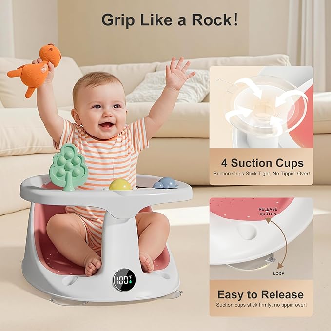 Baby Bath Seat for Babies 6 Months & Up - Bathtub Seats for Babies Sitting Up with Rinse Cup, Non-Slip, Comfortable, Infant Bath Essentials, Pink