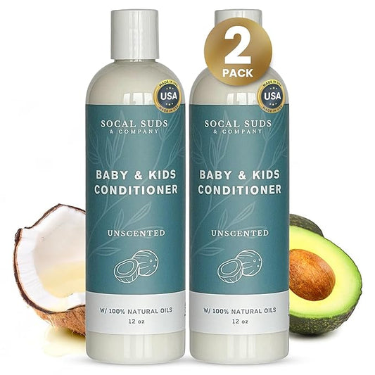 SoCal Suds & Company - Organic Baby & Kids Conditioner - Gentle Natural Ingredients, Vitamin Rich Organic Oils for Babies and Kids Sensitive Scalp - Fragrance Free, 12oz - 2 Pack