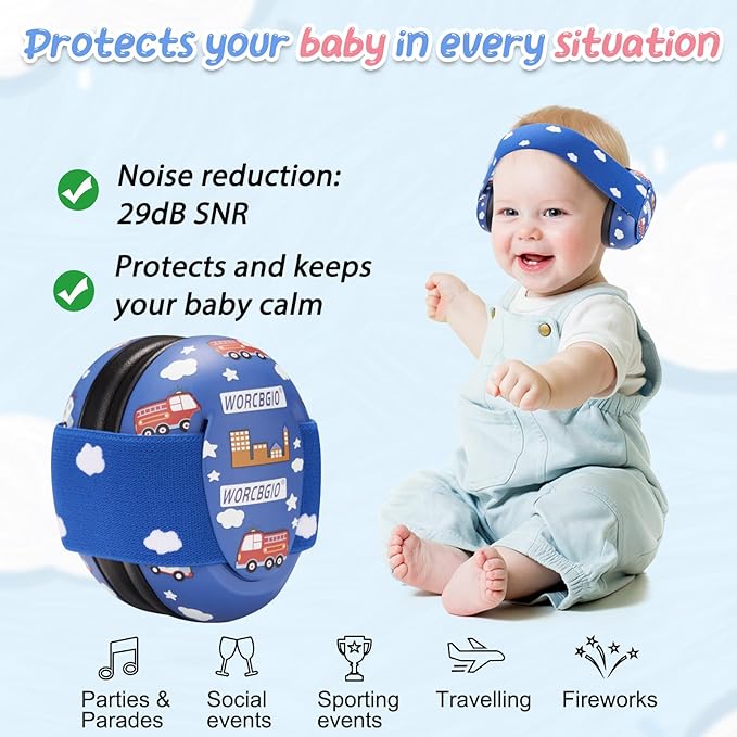 Infant Ear Protection Noise Cancelling Baby Ear Muffs, Toddler Hearing Protection with Adjustable Elastic Headband，Fire car
