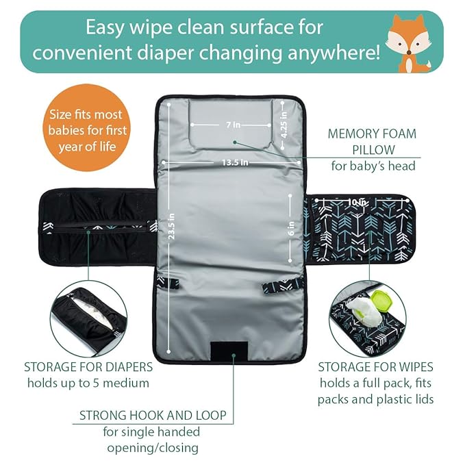 Lil Fox Portable Changing Pad - One-Hand Diaper Change Pad for Baby Diaper Bag or Changing Table. Unisex Baby Shower Gifts, Newborn Essentials