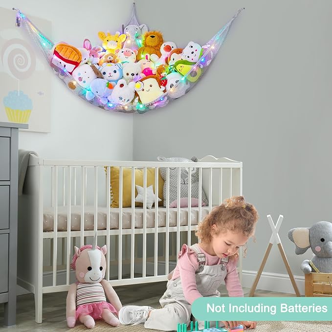 Unicorn Castle Stuffed Animals Net or Hammock Kids Toy Storage Organizer with LED Light Hanging Corner Stuffed Animals Holder Kids Girls Room Decor (Pack of 1)