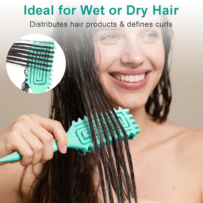 Curly Hair Brush, Curl Defining Brush with Soft Boar Bristles Detangling Tangled Glides, Wide-Teeth Design Effortlessly Shaping & Defining Curls, Curling Definer for Wet & Dry Hair (Green)