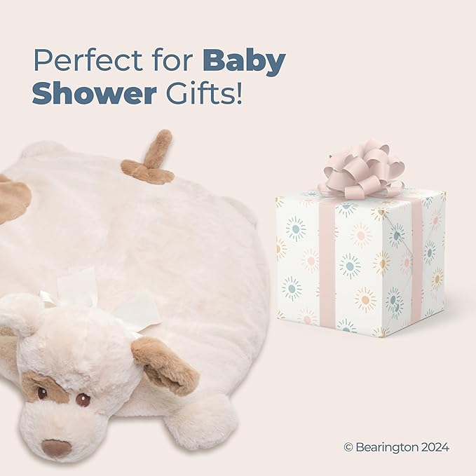 Bearington Baby Lil' Spot Belly Blanket 30"x30" - Beige Plush Puppy Dog Tummy Time Play Mat - Dog Themed Nursery Decor Plush Animal Blanket