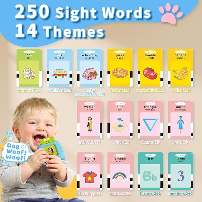 Toddler Toys Bilingual English and Spanish Talking Flash Cards for 1 2 3 4 5 6 Year Old Boys and Girls, Autism Sensory Toys for Autistic Children, Learning Educational Speech 250 Sight Words