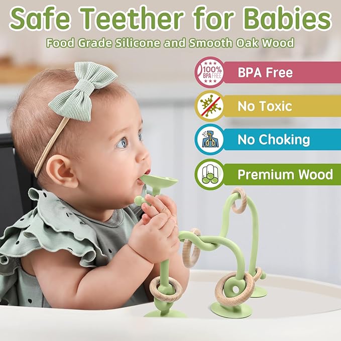 Baby Sensory Teething Chew High Chair Suction Toys for Infant Toddlers 6 12 18 24 Months, Food Grade Silicone Teether with Oak Loop Montessori Educational Baby Bath Toy Gifts (Green)
