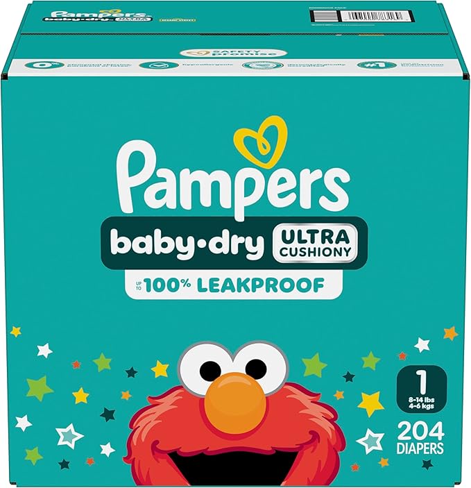 Pampers Diapers - Baby Dry - Size 1, 204 Count, Absorbent Disposable Infant Diaper (Packaging May Vary)