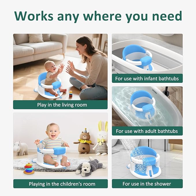 Baby Bath Seat for Babies 6 Months & Up, 360°Protection Bath Seats for Babies Sitting Up, Lockable Armrests, Non-Slip Comfortable Toddler Bath Seat with Soft Cushion