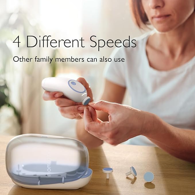 Momcozy Baby Nail File Electric, Gentle Baby Nail Trimmer Electric, Baby Nail Clipper with Night Light, 7 Grinding Head Replacement Pads, Blue