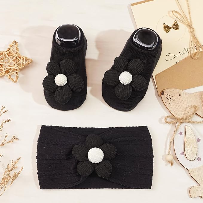 CÉLLOT Baby Girl Headband and Socks, Non-Slip Floral Socks and Soft Floral Nylon Hairbands for Babies Infants and Toddlers(White,Blue,Black)