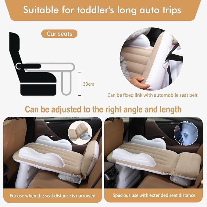 Inflatable-Toddler-Travel-Bed for Airplane Car Seat Portable Foldable Infant Travel Bed Baby Travel Crib with Sides,Hand Pump Safety Belt and Carry Bag Sets (Beige)