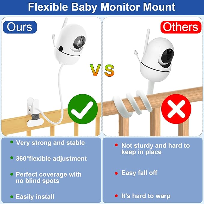 Flexible Baby Monitor Mount for HelloBaby HB6550/HB65/HB66/HB248, ANMEATE SM935E Baby Camera Mount Adjustable Clip Clamp Mount Long Gooseneck Arm,Baby Monitors Holder No Tools or Wall Damage(8 inches)