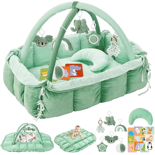 5-in-1 Plush Baby Play Gym, Baby Play Mats, Convertible Baby Gym with Pillow, Tummy time mat, Baby&Ped Bed, 6 Sensory Toys, Activity Center from Newborn to Toddler, Ball Pit, Rectangular Sage Green