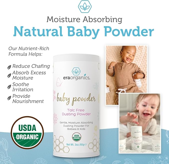 Era Organics Talc-Free Organic Baby Powder - USDA Organic Dusting Powder with Arrowroot, Calendula and Cornstarch for Newborns, Babies or Toddlers - Soothing, Fragrance Free, Made in USA (3oz/85g)