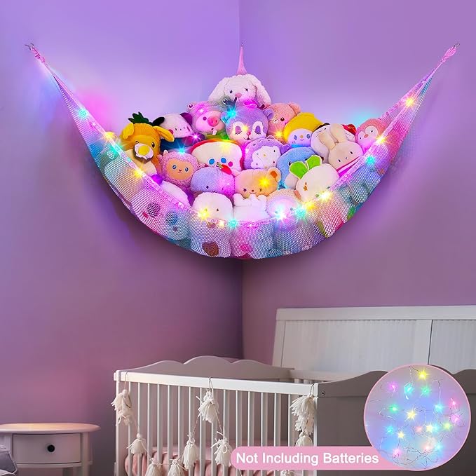 Unicorn Castle Stuffed Animals Net or Hammock Kids Toy Storage Organizer with LED Light Hanging Corner Stuffed Animals Holder Kids Girls Room Decor,Pink-Blue-Purple,Large-Pack of 1
