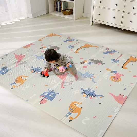 Bammax X-Large Waterproof Foam Padded Play Mat | Reversible & Foldable | 1 cm Safe Baby & Kids Play Mat | 70" x 78" | Dinosaurs & Safari Animals