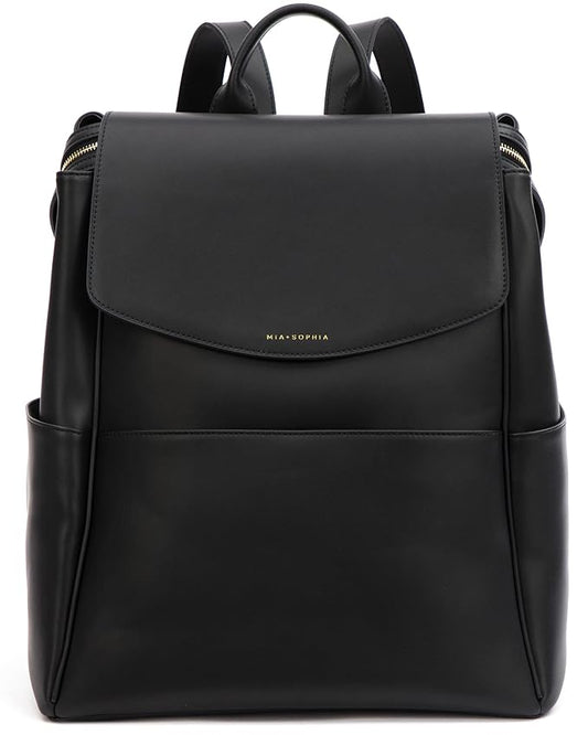 MIA + SOPHIA Leather Diaper Bag Backpack with USB Charging port, Changing Pad, Stroller Straps, and Bottle Holder (Black Olivia)