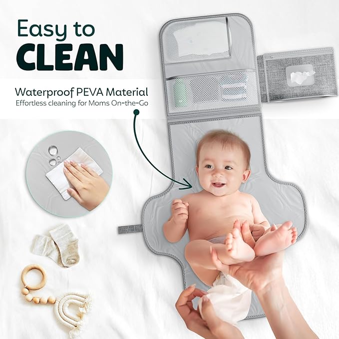 Waterproof Baby Portable Diaper Changing Pad Travel Station Kit, Portable Changing Pad for Infants with Wipes Pocket, Easy-Clean, Compact Changing Mat for Diaper Bag, Gift for Baby Shower