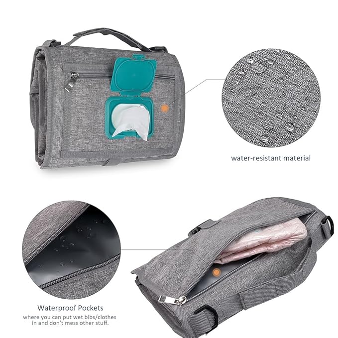 Portable Diaper Changing Station, Expandable Baby Diaper Bag, Compact Diaper Changing Travel Bag with Wet Wipe Pocket, Waterproof Baby Travel Station Set with 2 Bibs (Gray)