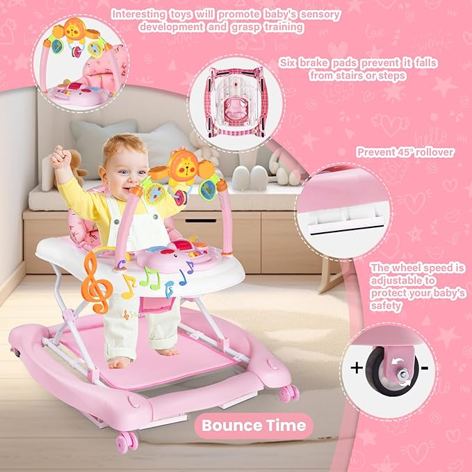 Baby Walker, 5 in 1 Baby Walkers for Boys Girls 6-12 Months, Foldable Walkers for Babies with Bouncer & Feeding Tray, Music, Adjustable Heights, Activity Walker for Infant