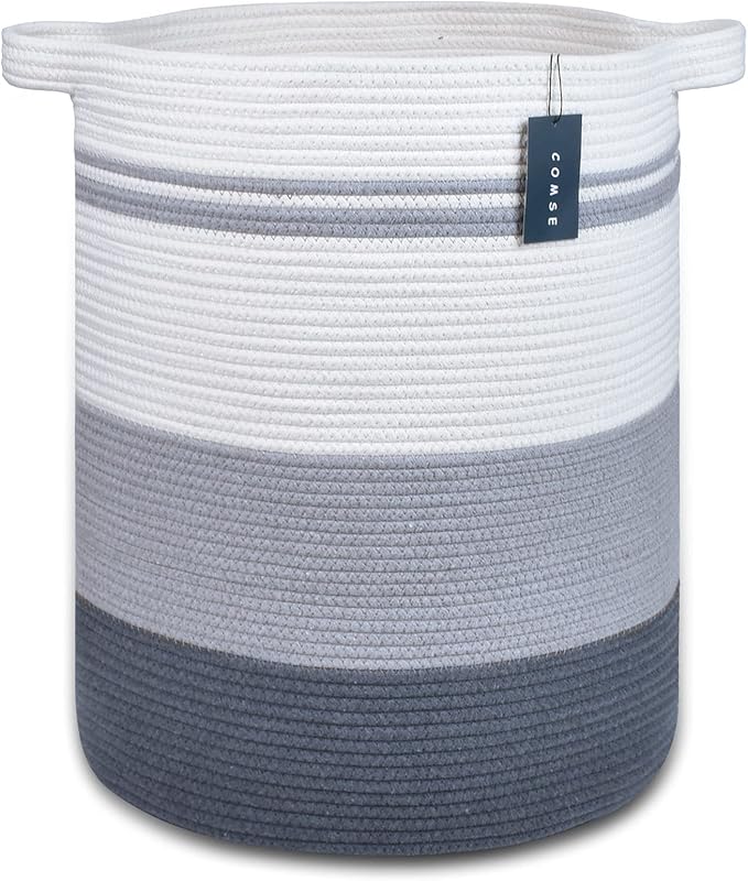 COMSE Extra Large Blanket Basket, Tall Laundry Basket, Nursery Hamper, 15.7”x 21.7”, Cotton Rope Woven Laundry Hamper for Storage Toys Clothes Towels, Gradient Gray