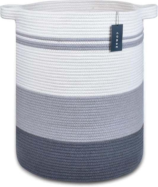 COMSE Extra Large Blanket Basket, Tall Laundry Basket, Nursery Hamper, 15.7”x 21.7”, Cotton Rope Woven Laundry Hamper for Storage Toys Clothes Towels, Gradient Gray