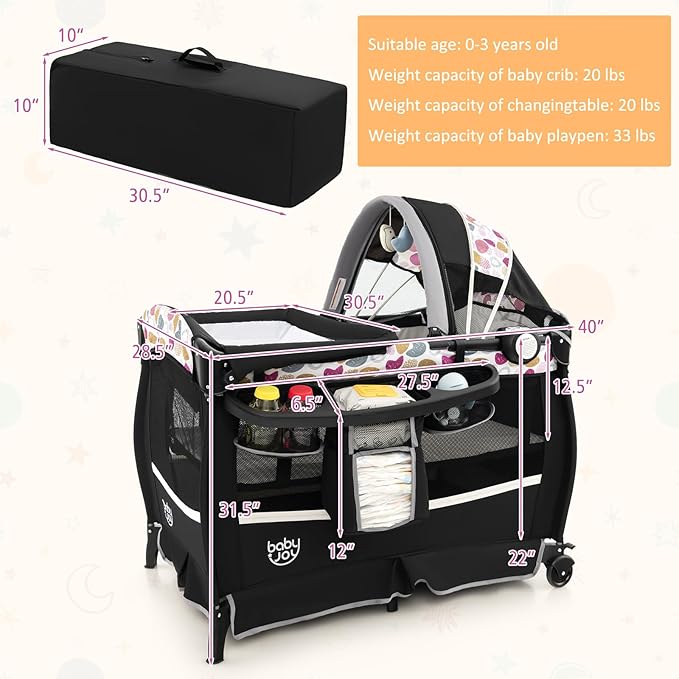 BABY JOY 4 in 1 Pack and Play, Portable Baby Playard with Bassinet & Flip-Away Changing Table, Canopy, Infant Bassinet with Storage Basket, Oxford Bag from Newborn to Toddlers (Circle)