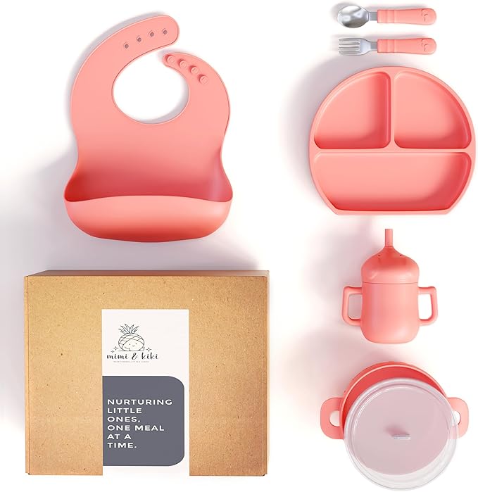 mimi & kiki BPA-Free Silicone Baby Feeding Set, Baby Plates and Bowls Set, Baby Led Weaning Supplies, Silicone Suction Plate, Baby Utensils, Bib and Cup, Self Feeding, Dishwasher Safe (Pink)