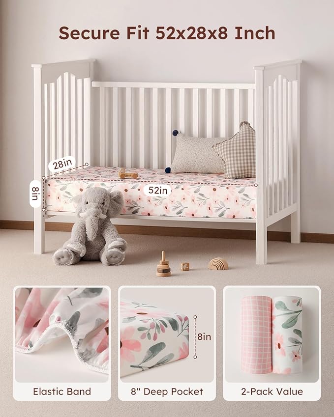 Yoofoss Crib Sheets Girl 2 Pack, 52x28 Fitted Baby Crib Sheet Fits for Standard Crib and Toddler Mattress, Ultra Soft Breathable Microfiber Pink Floral