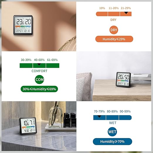 NOKLEAD Hygrometer Indoor Thermometer, Desktop Digital Thermometer with Temperature and Humidity Monitor, Accurate Humidity Gauge Room Thermometer with Clock (Black)