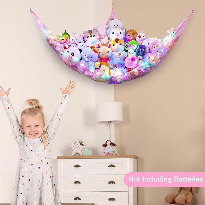 Unicorn Castle Stuffed Animals Net or Hammock Kids Toy Storage Organizer with LED Light Hanging Corner Stuffed Animals Holder Kids Girls Room Decor (Pack of 1)